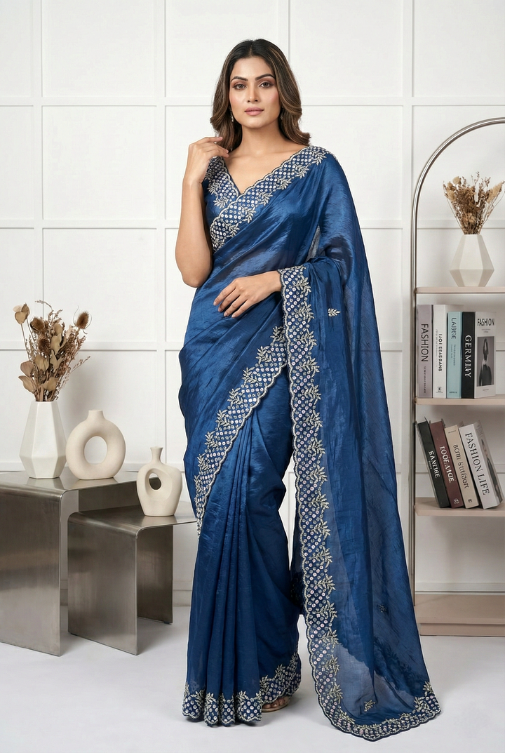 Blue Jimmy Choo Floral Sequins Embroidered Saree