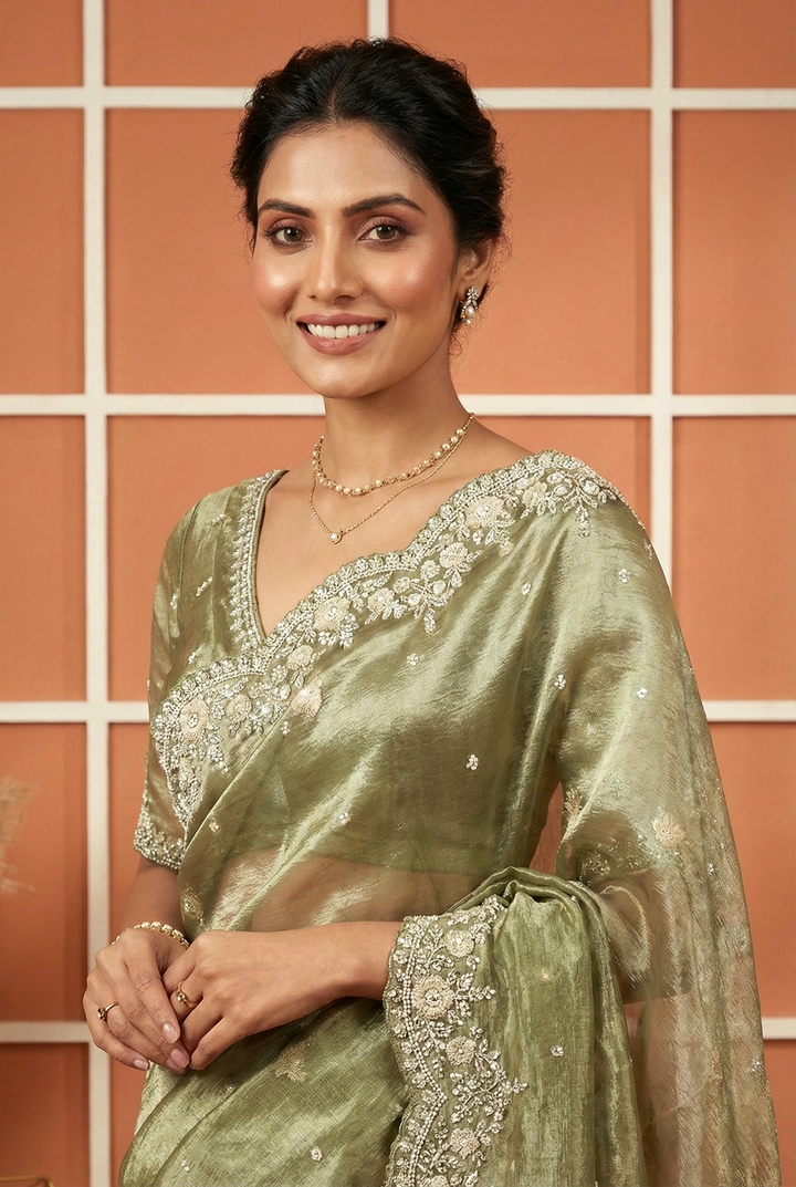 Green Heavy Zari Embroidery Organza Saree