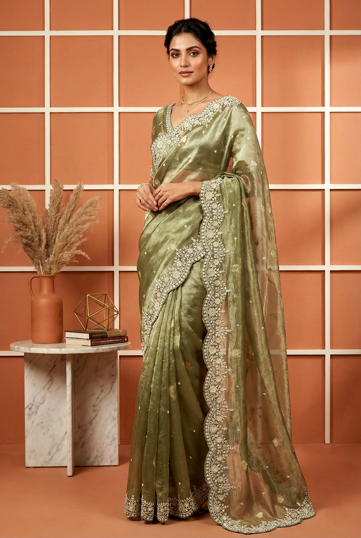 Green Heavy Zari Embroidery Organza Saree