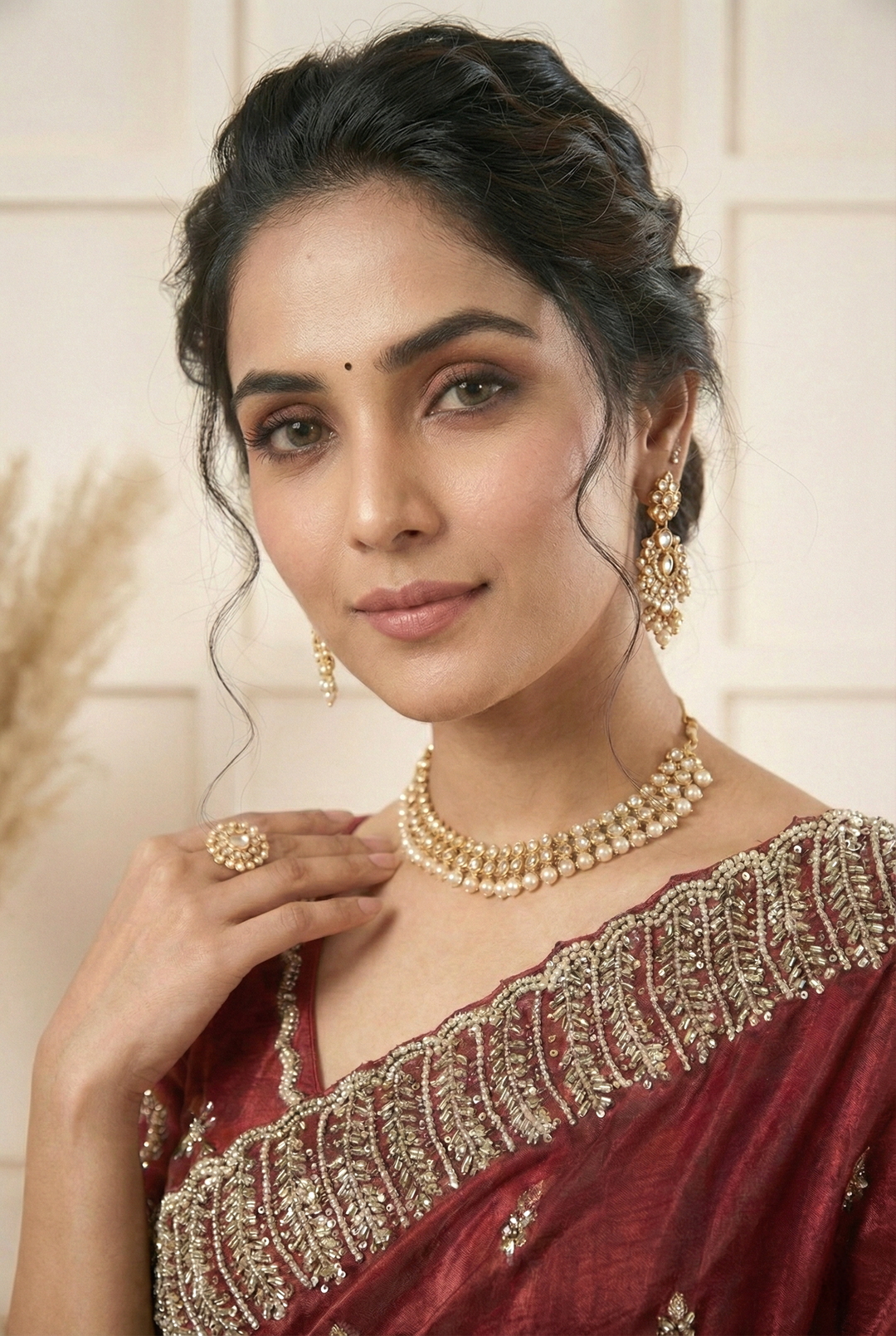 Neerus Maroon organza embellished saree - side view
