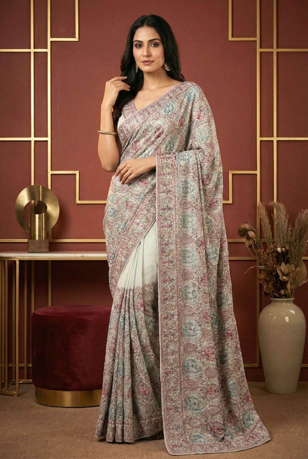 Neerus Pink organza embellished saree - front view