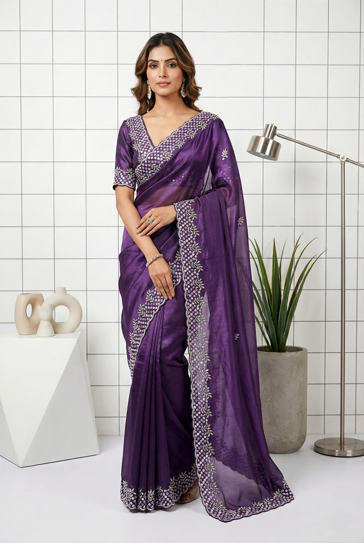 Purple Jimmy Choo Floral Sequins Embroidered Saree