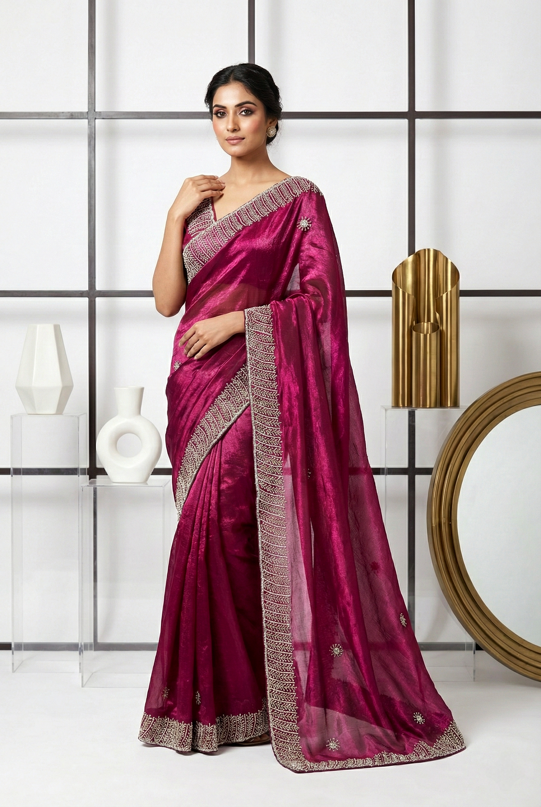 Neerus Maroon silk embellished saree - front view