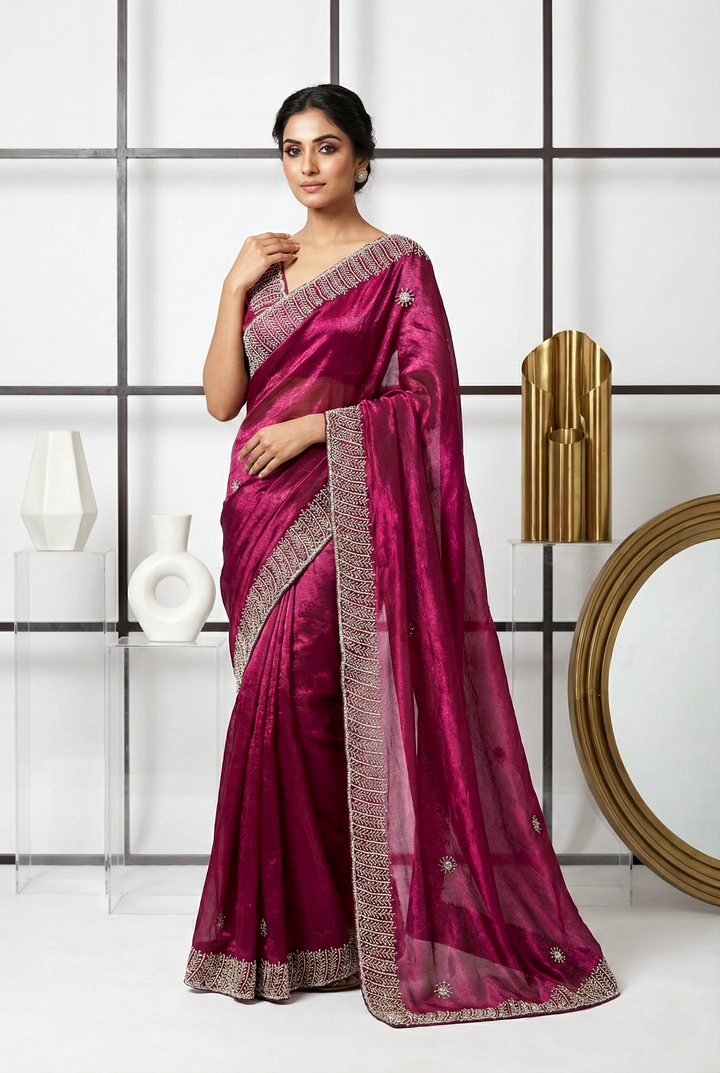 Neerus Maroon silk embellished saree - front view