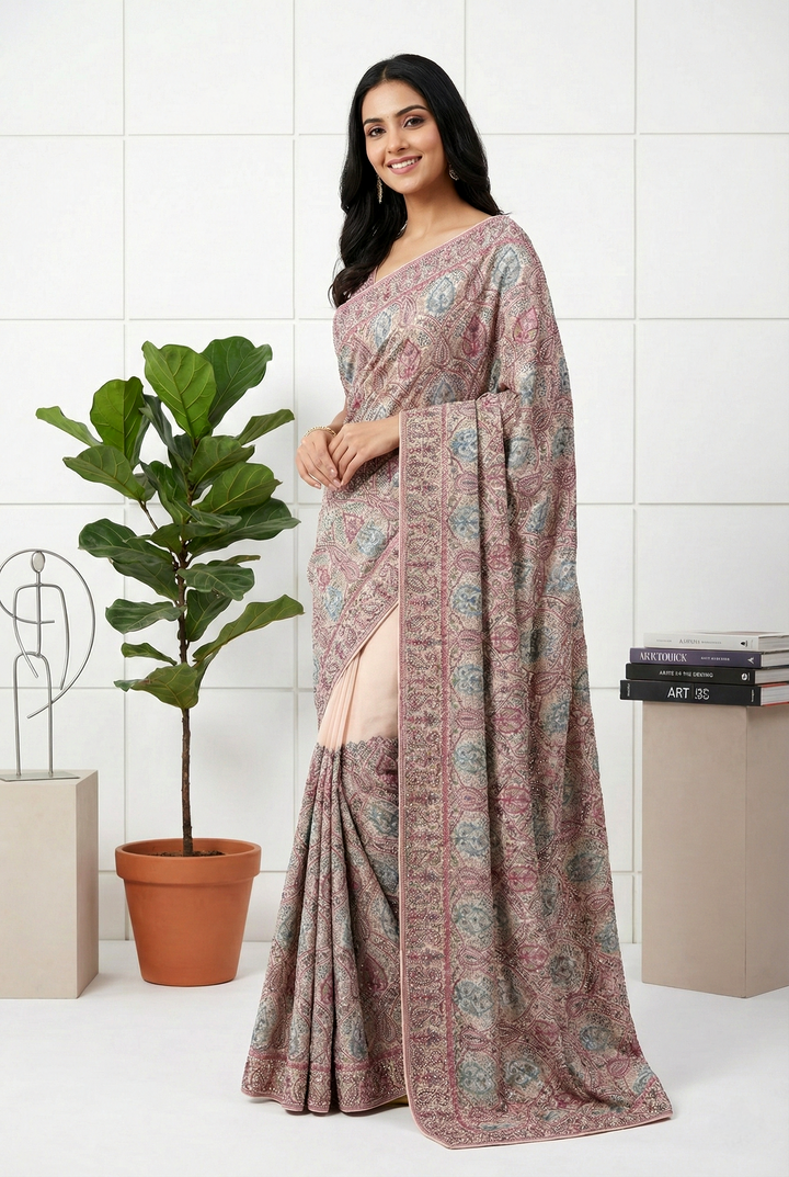 Peach Organza Beads And Stone Embroidery Saree