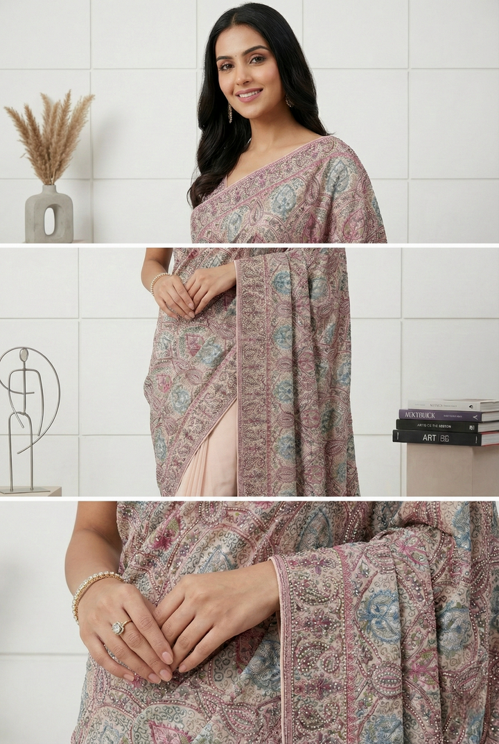 Peach Organza Beads And Stone Embroidery Saree