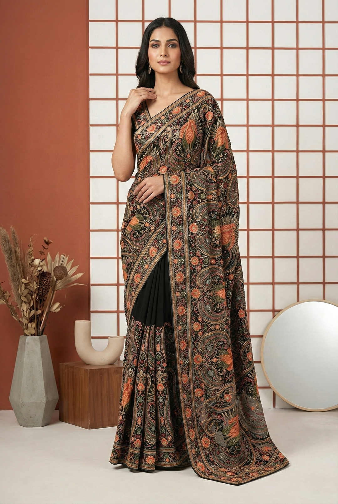 Neerus Black organza hand embroidered saree paisley zari - front view