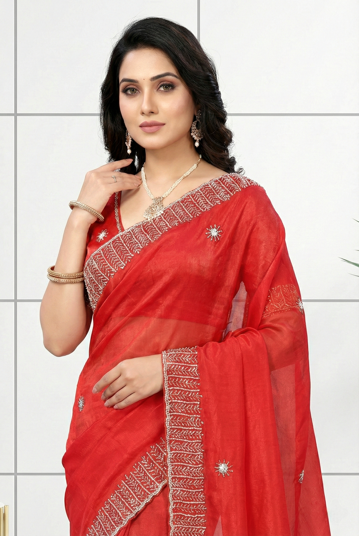 Red Jimmy Choo Stone Embroidery Saree