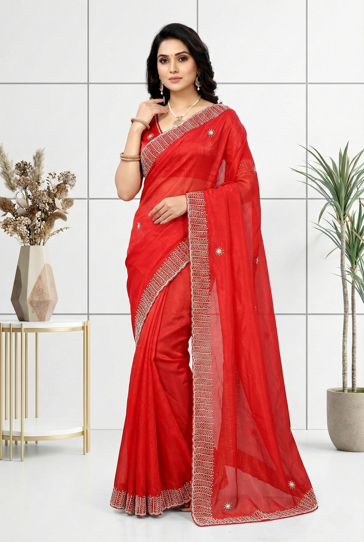 Red Jimmy Choo Stone Embroidery Saree