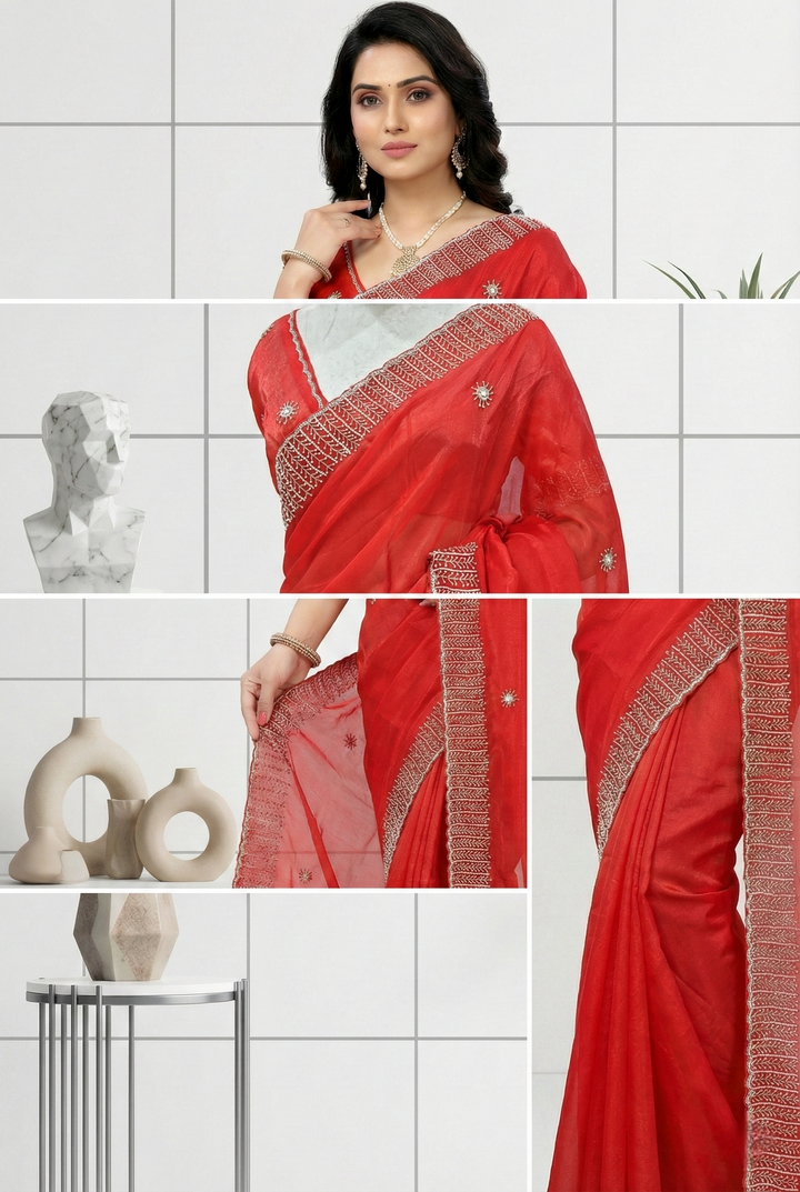 Red Jimmy Choo Stone Embroidery Saree