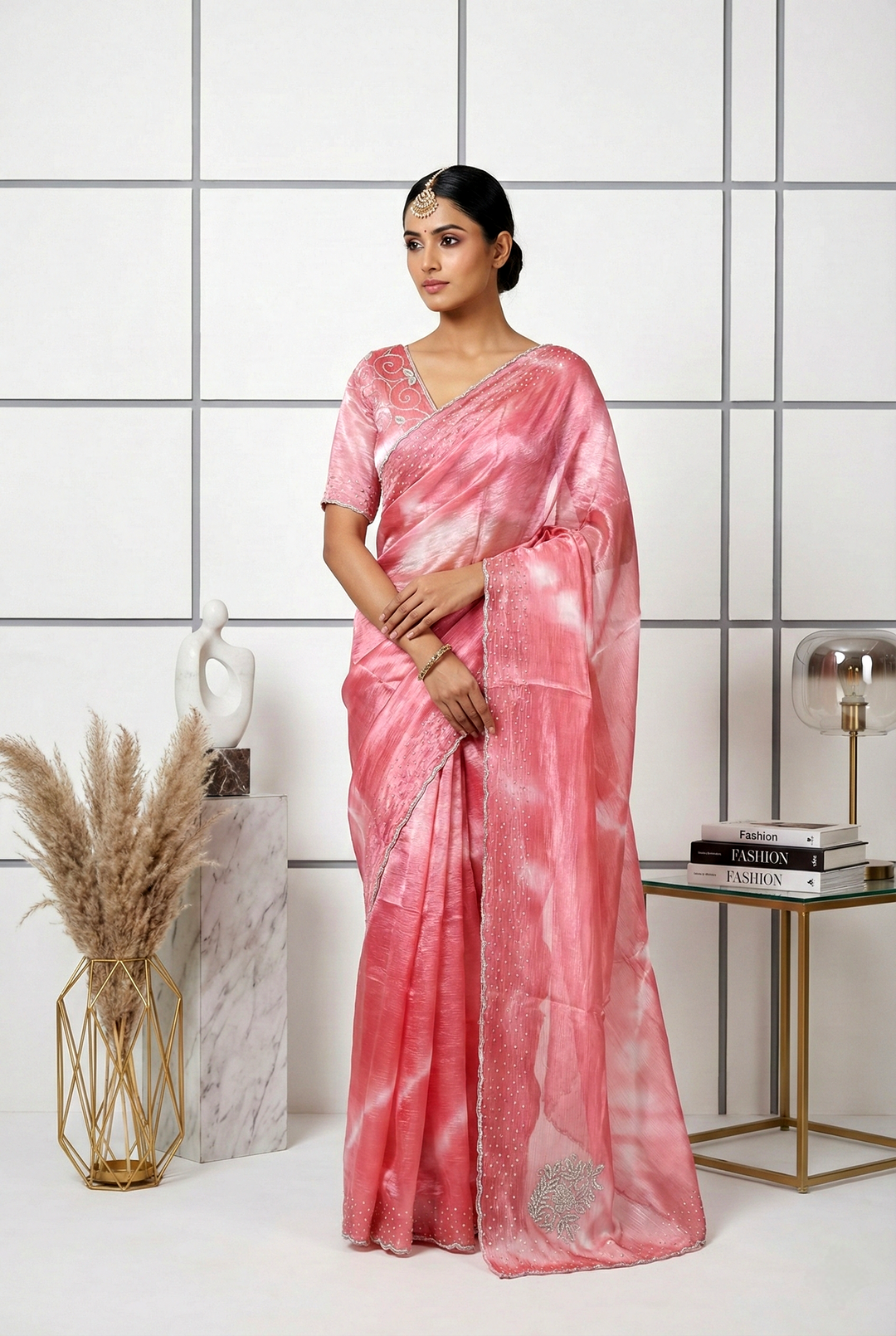 Neerus Pink organza embellished saree - front view
