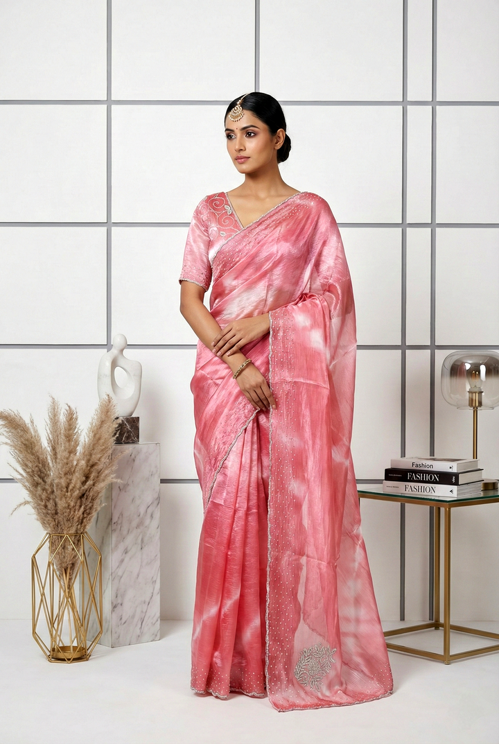 Neerus Pink organza embellished saree - front view
