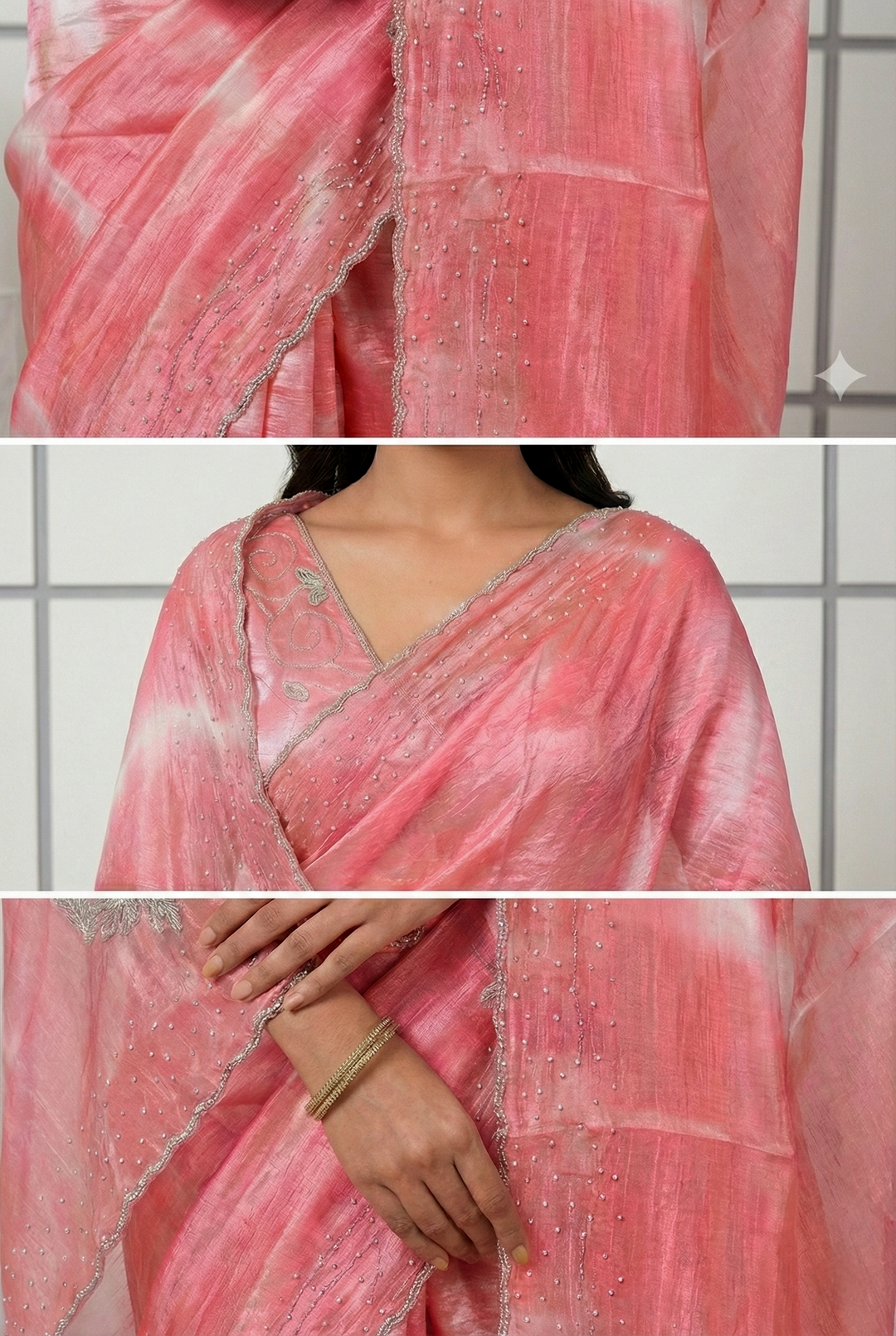 Neerus Pink organza embellished saree - side view