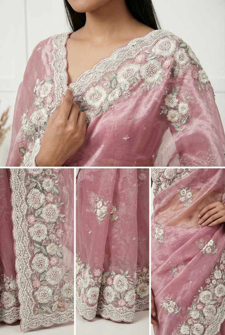 Lavender Organza Heavy Floral Embroidered Saree