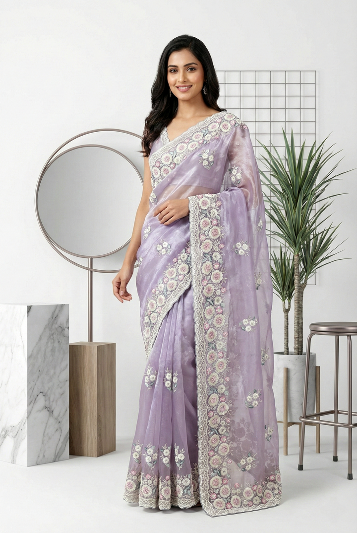Grey Organza Heavy Floral Embroidered Saree