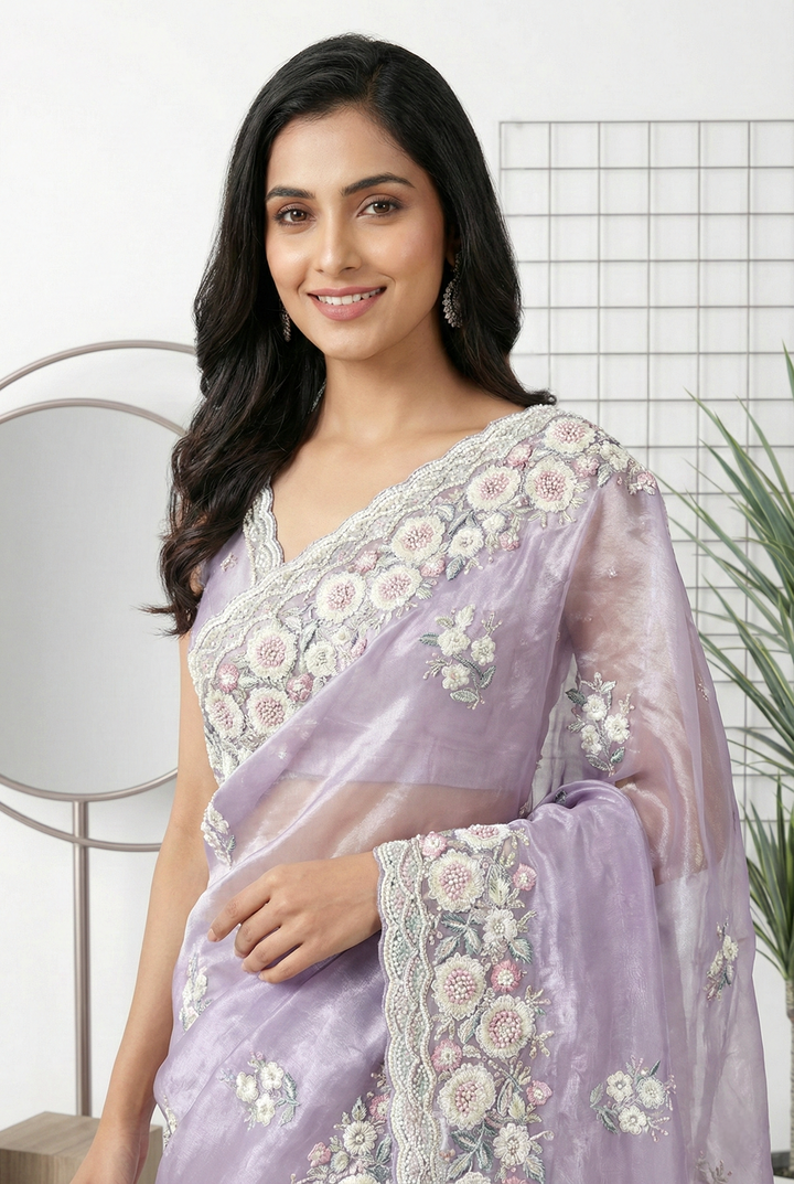 Grey Organza Heavy Floral Embroidered Saree