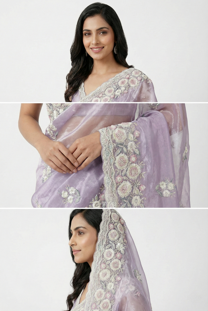 Grey Organza Heavy Floral Embroidered Saree
