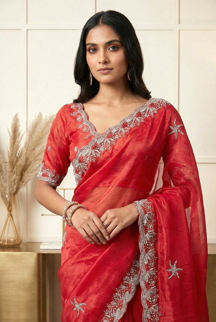 Red Jimmy Choo Zari And Floral Embroidery Saree