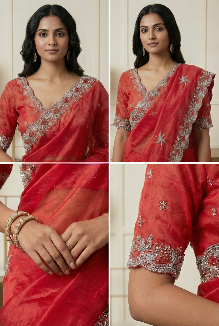 Red Jimmy Choo Zari And Floral Embroidery Saree