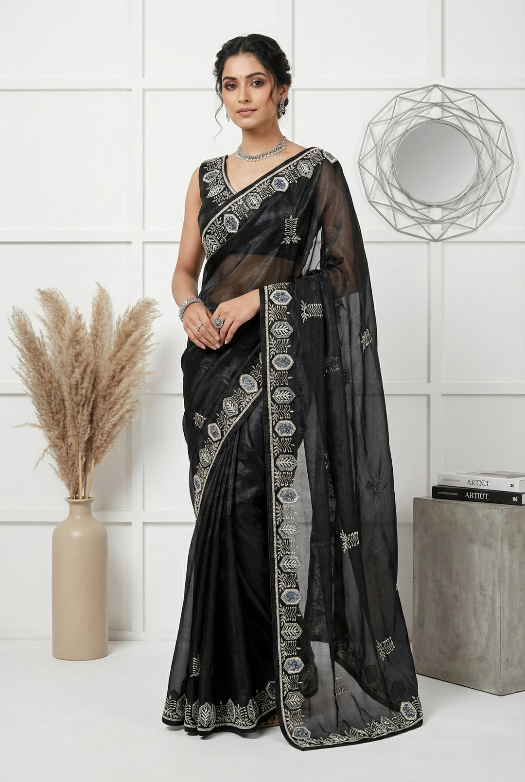 Neerus Black organza thread embroidered saree - front view
