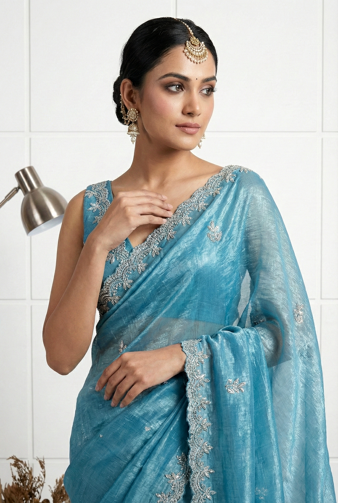 Neerus Green organza embellished saree - back view