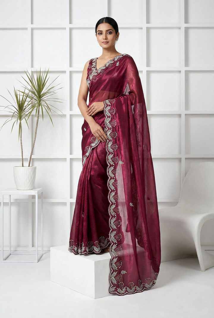 Neerus Pink organza hand embroidered saree - front view