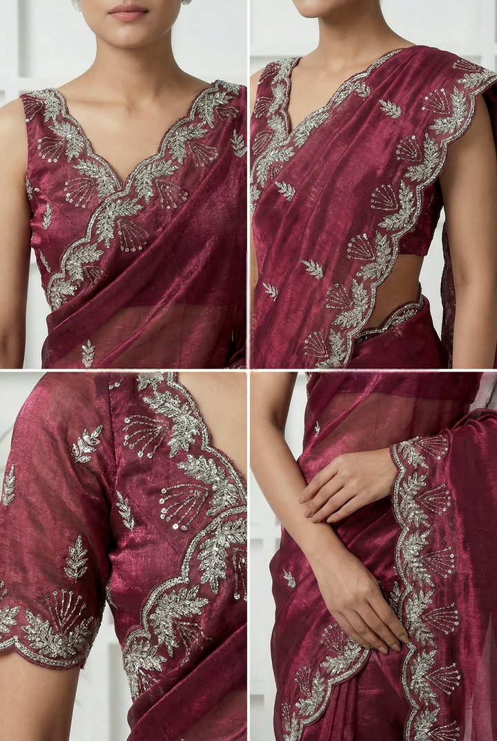 Neerus Pink organza hand embroidered saree - side view