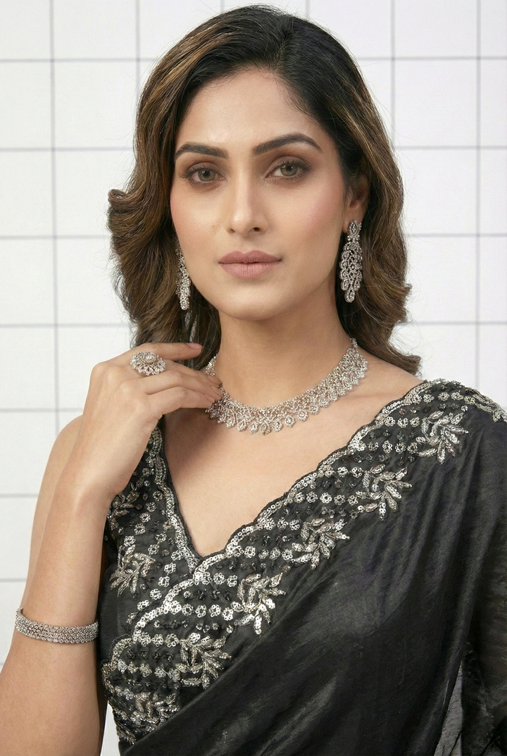 Black Jimmy Choo Floral Sequins Embroidered Saree