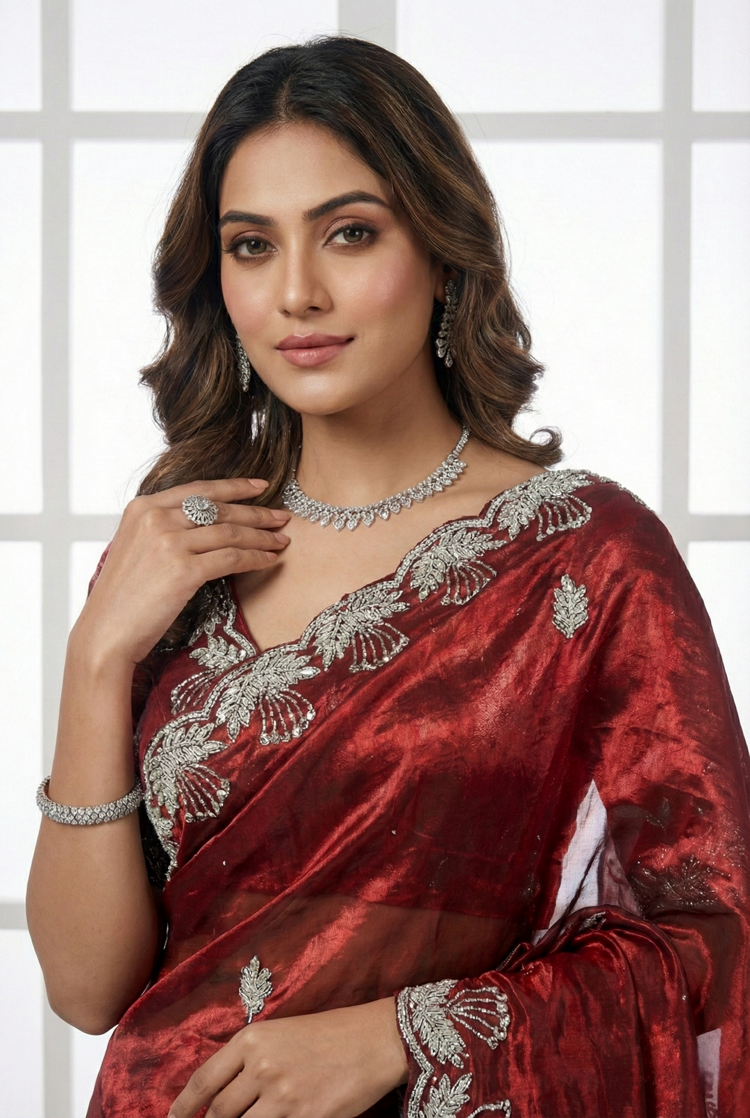 Neerus Maroon organza hand embroidered saree - back view