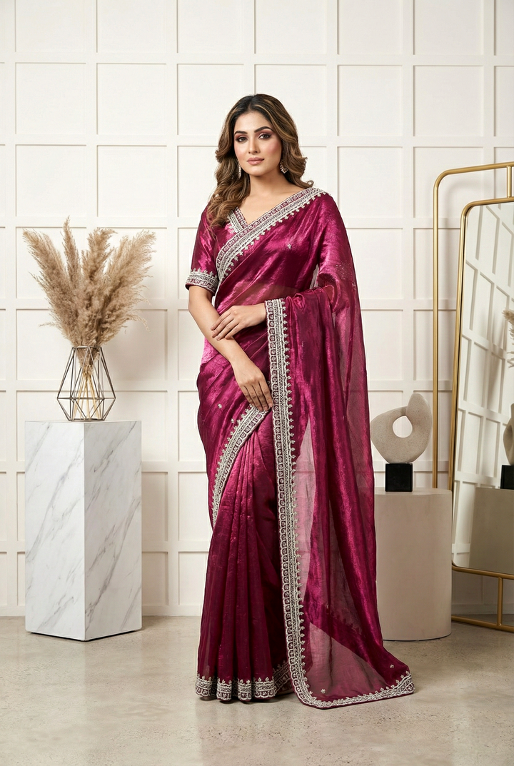 Magenta Beads Embroidered Organza Saree