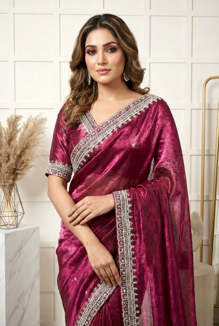 Magenta Beads Embroidered Organza Saree
