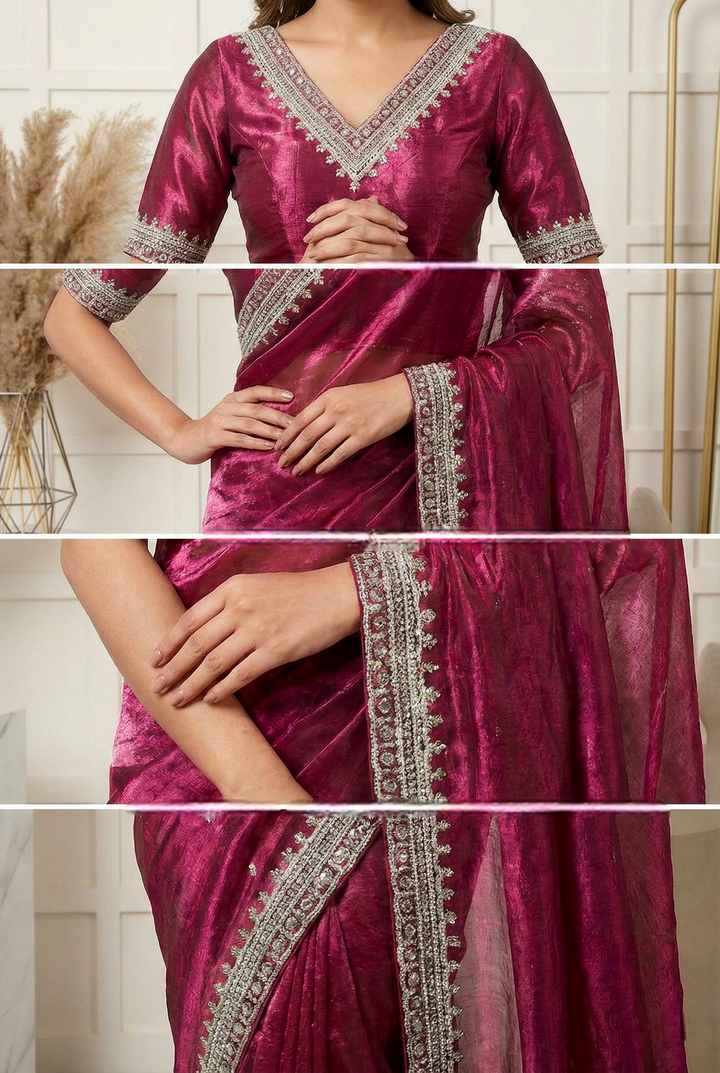 Magenta Beads Embroidered Organza Saree