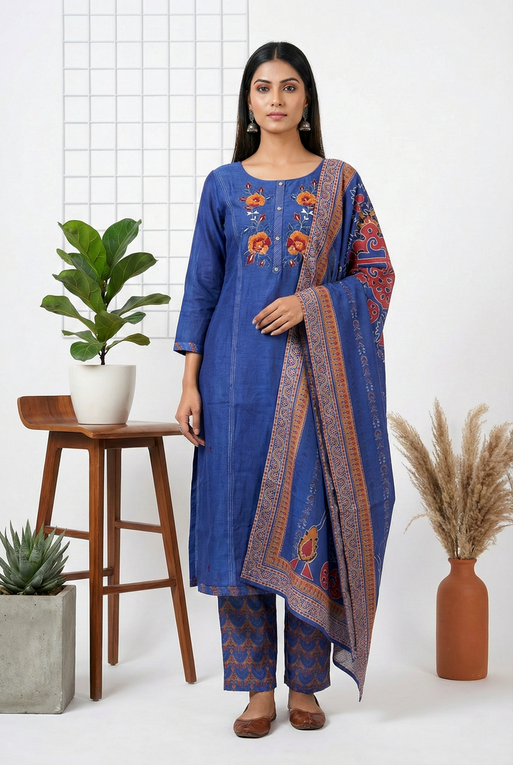 Blue Silk Floral Thread Embroidery Three Piece Set
