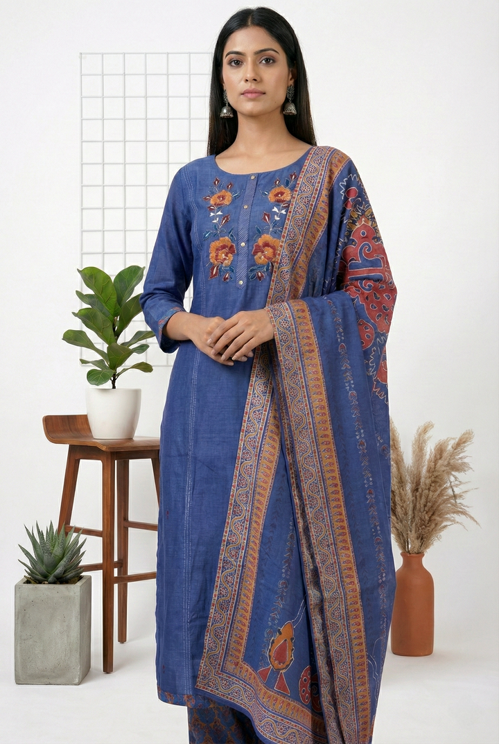 Blue Silk Floral Thread Embroidery Three Piece Set