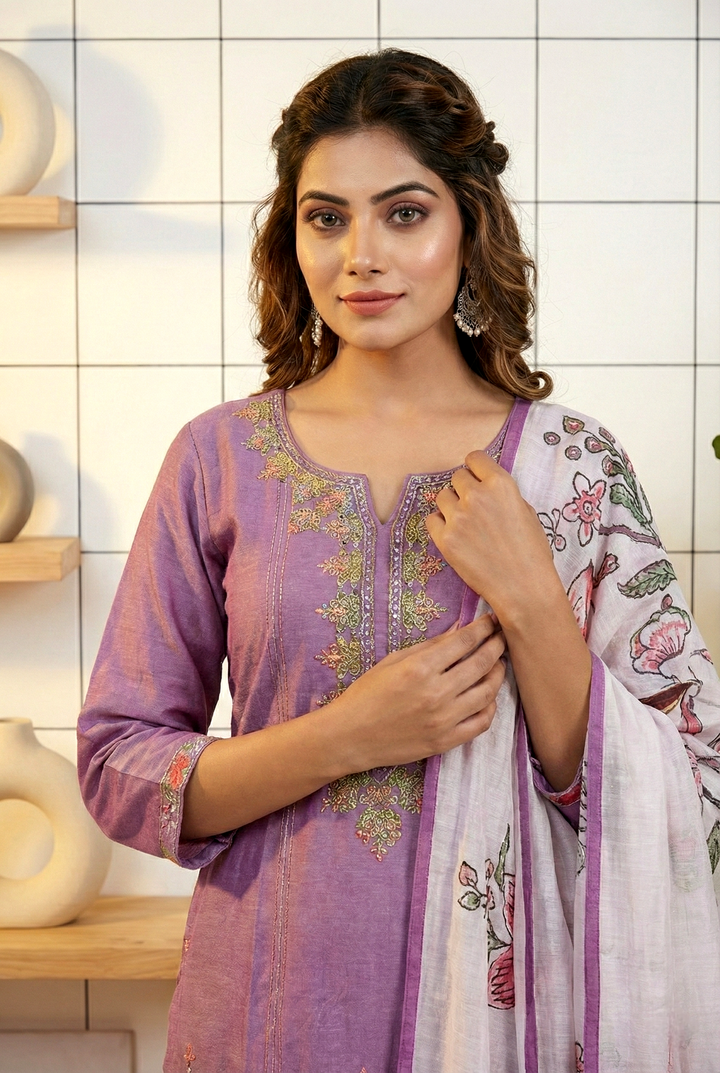 Lavender Silk Hand Embroidery Three Piece Set