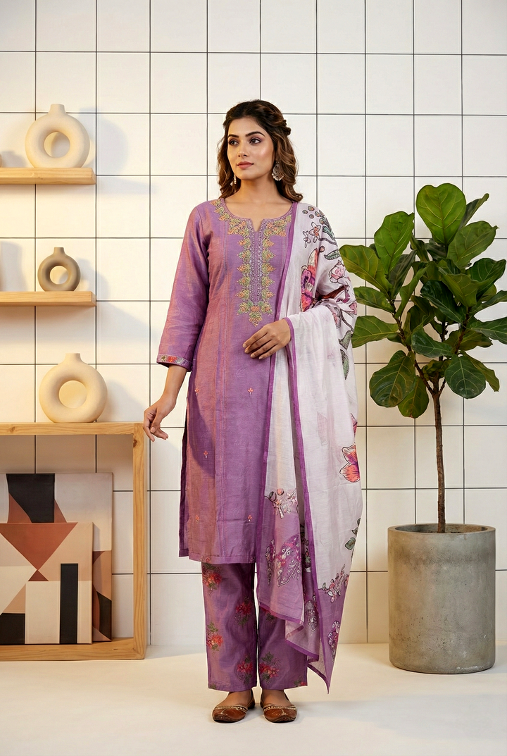 Lavender Silk Hand Embroidery Three Piece Set