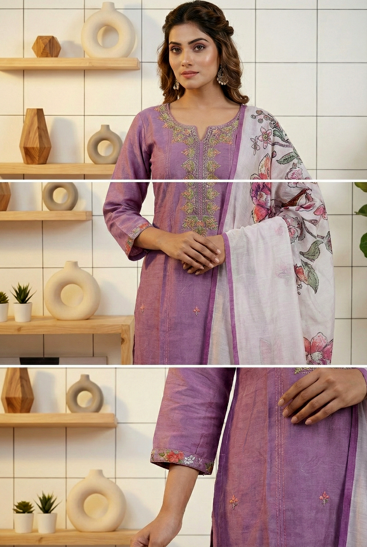 Lavender Silk Hand Embroidery Three Piece Set
