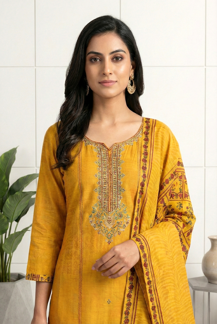 Mustard Silk Printed Three Piece Set