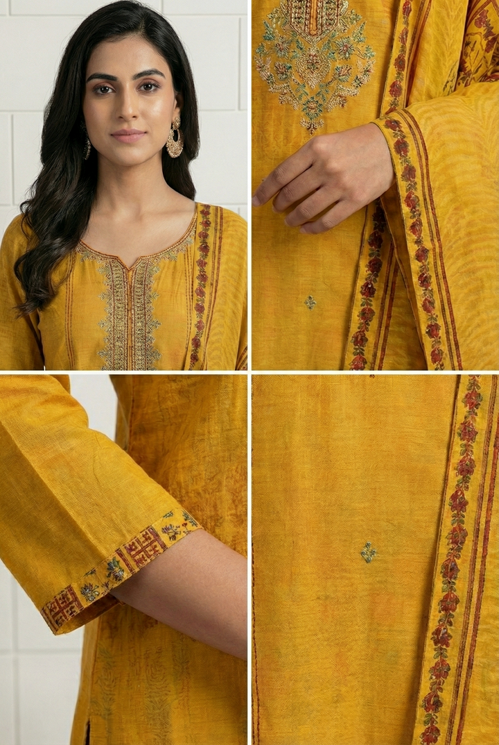 Mustard Silk Printed Three Piece Set