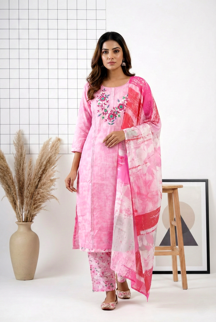 Pink Silk Hand Embroidery Three Piece Set