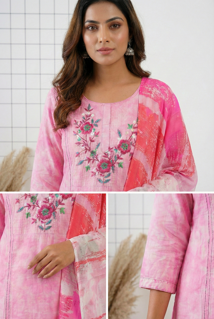 Pink Silk Hand Embroidery Three Piece Set