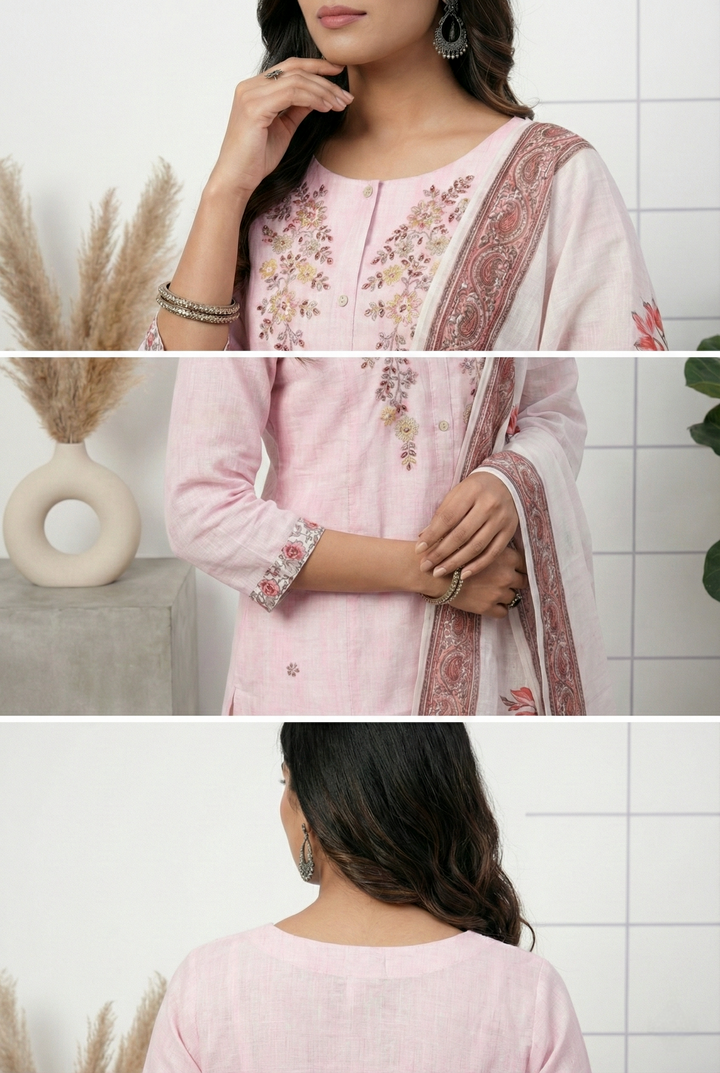 Baby Pink Silk Hand Embroidery Three Piece Set