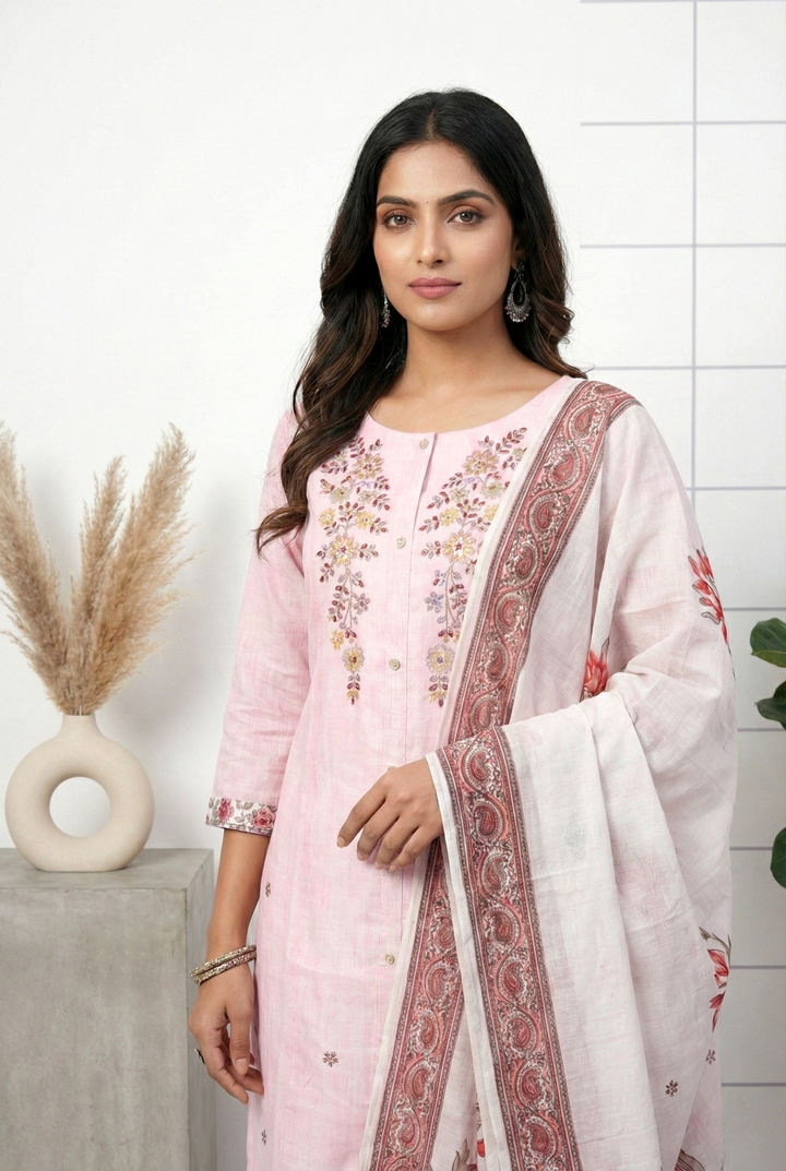 Baby Pink Silk Hand Embroidery Three Piece Set