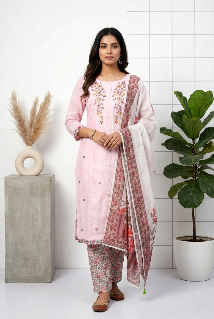 Baby Pink Silk Hand Embroidery Three Piece Set