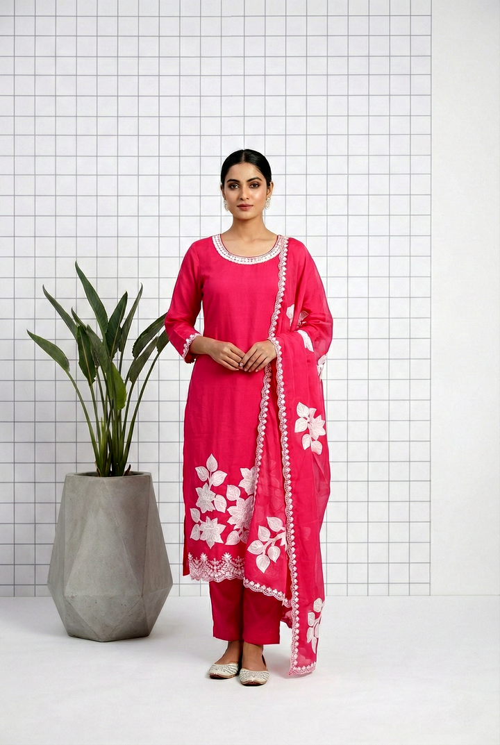 Rani Pink Organza Floral Printed Three Piece Set