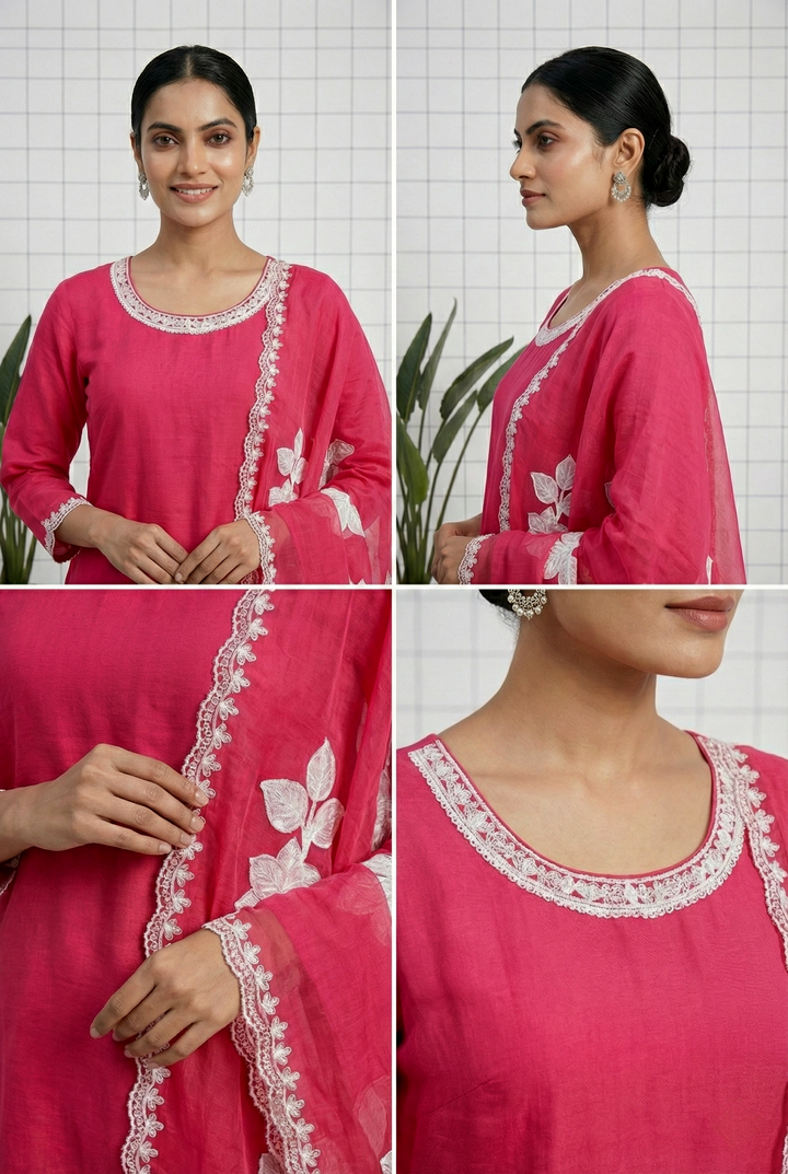 Rani Pink Organza Floral Printed Three Piece Set