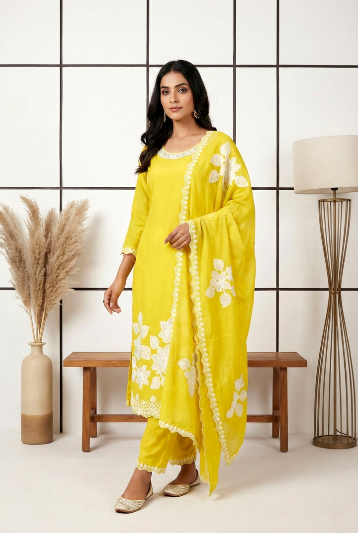 Variyali Green Organza Floral Printed Three Piece Set