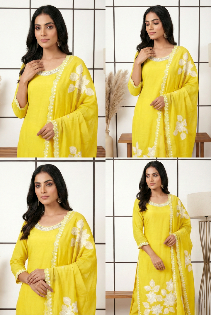 Variyali Green Organza Floral Printed Three Piece Set