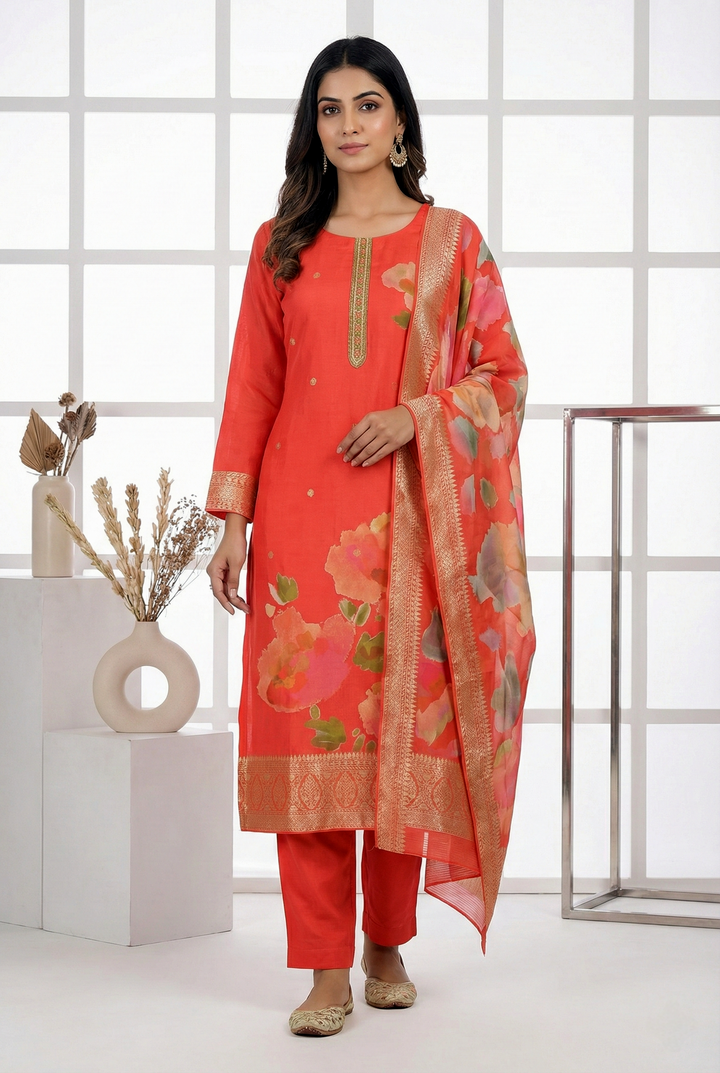 Red Georgette Floral Printed Three Piece Set