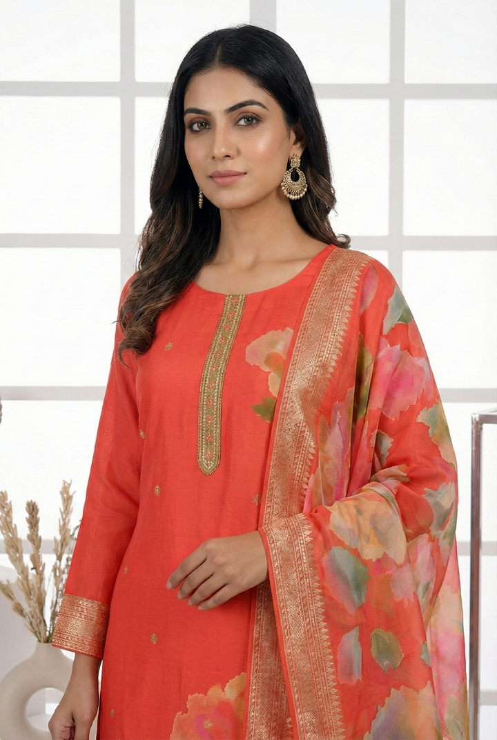 Red Georgette Floral Printed Three Piece Set